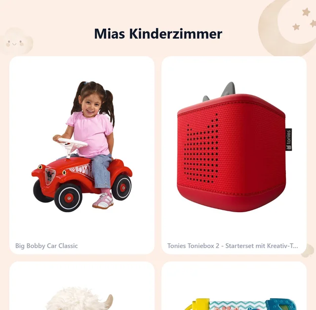 Wunschliste: Mias Kinderzimmer mit Bobby Car, Toniebox und mehr